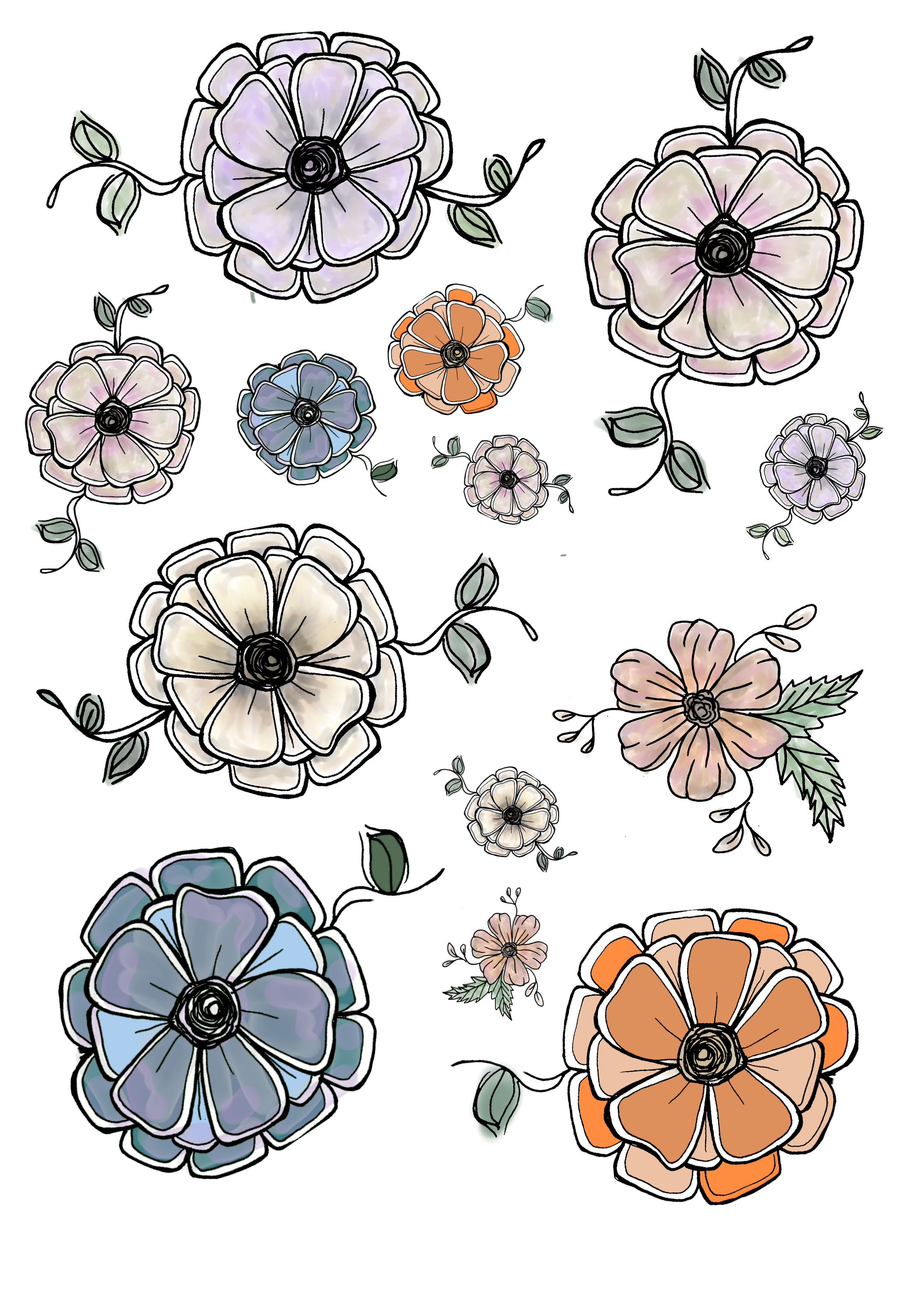 Flower Doodles, Hand-drawn Sticker Sheets