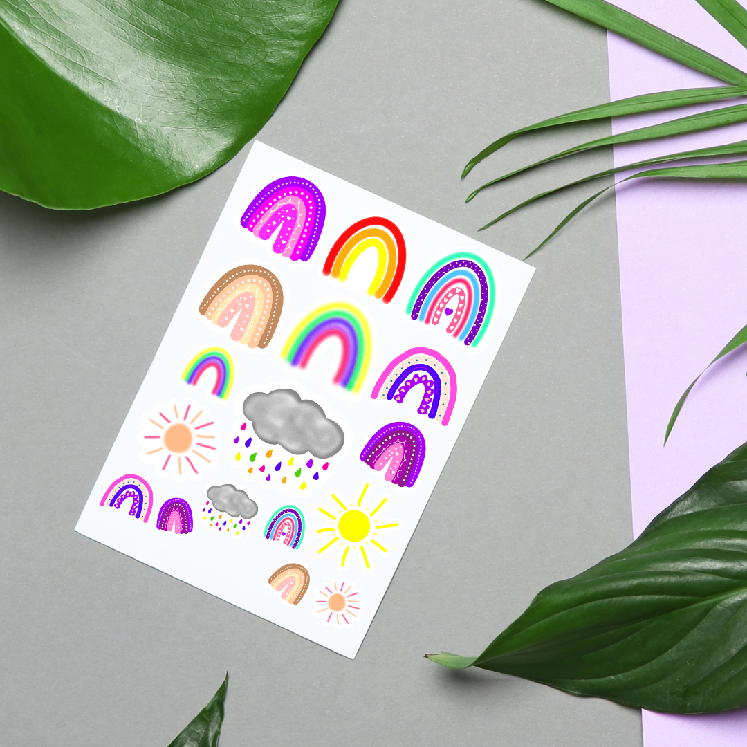 Rainbows, Clouds and Sunshine, Oh My!  Hand-drawn Sticker Sheet