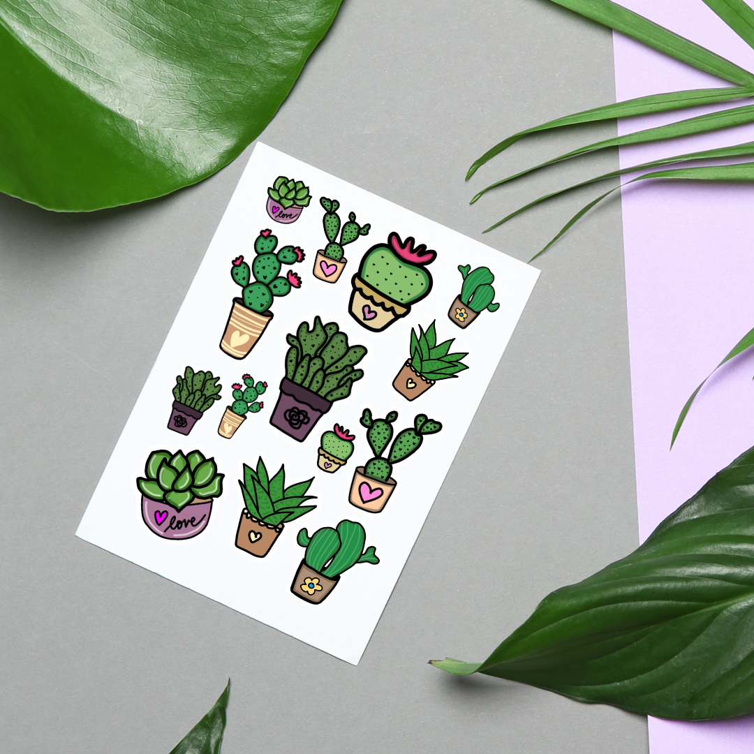 Cute Succulent and Cactus Hand-drawn Sticker Sheet
