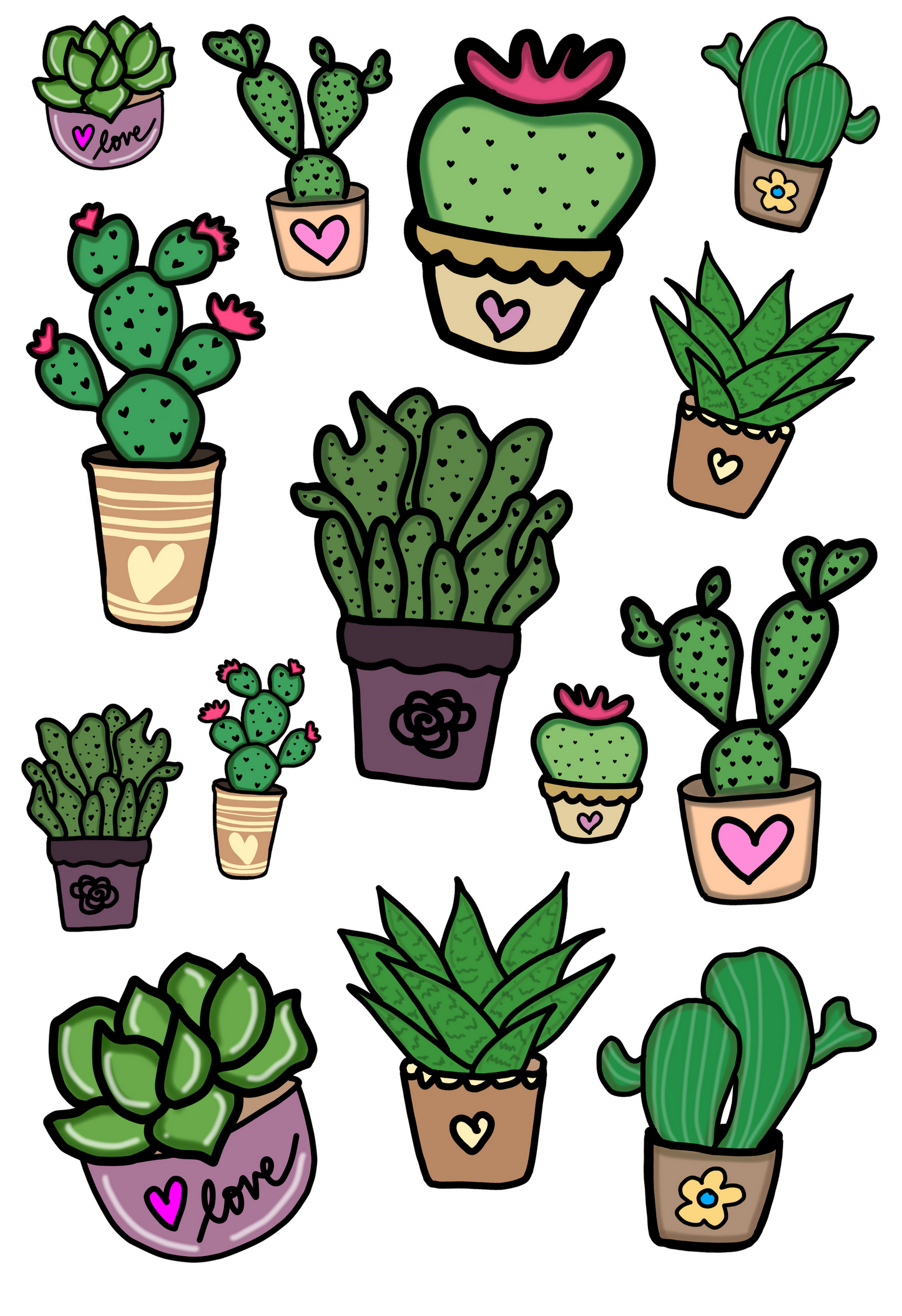 Cute Succulent and Cactus Hand-drawn Sticker Sheet